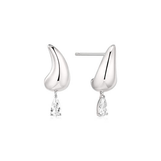 Silver Curved Teardrop Dangle Stud Earrings