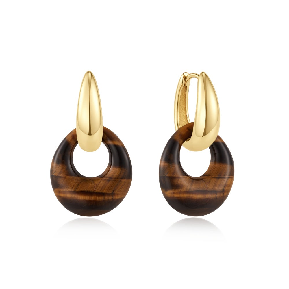 Gold Hollow Tiger’s Eye Pebble Drop Earrings