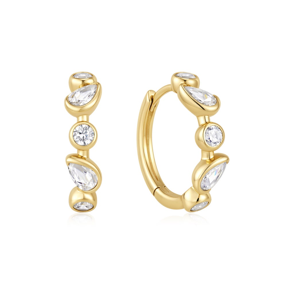 Gold Bezel Round & Teardrop Huggie Hoop Earrings