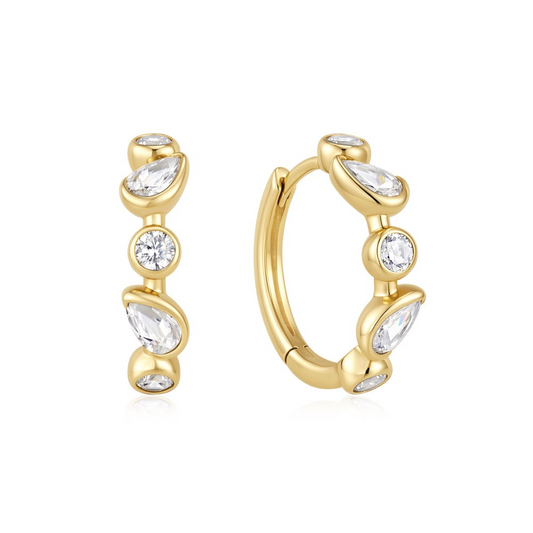 Gold Bezel Round & Teardrop Huggie Hoop Earrings