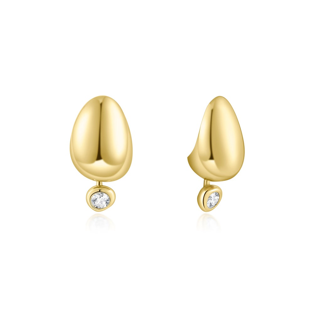 Gold Dome Pebble with Bezel Dangle Stud Earrings