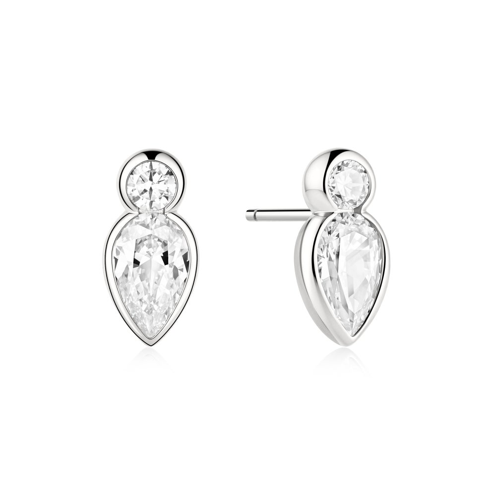 Silver Bezel Inverted Teardrop & Round Stud Earrings