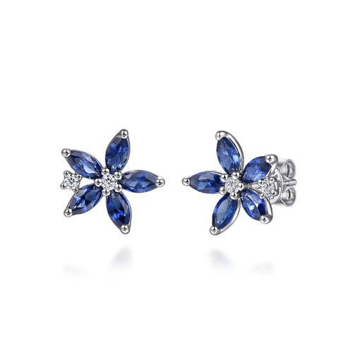White Gold Diamond and Marquise Sapphire Flower Stud Earrings