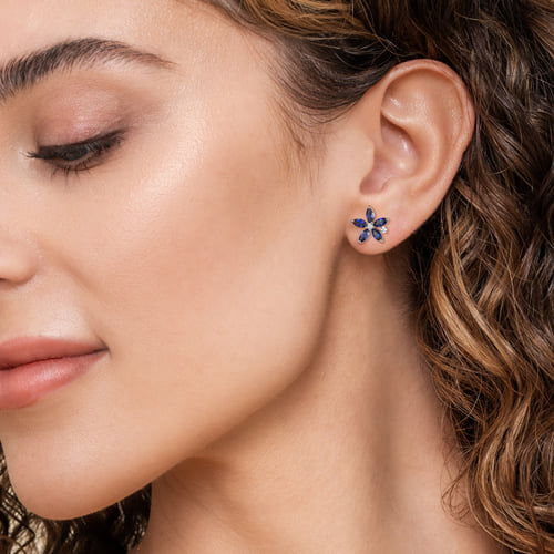 White Gold Diamond and Marquise Sapphire Flower Stud Earrings