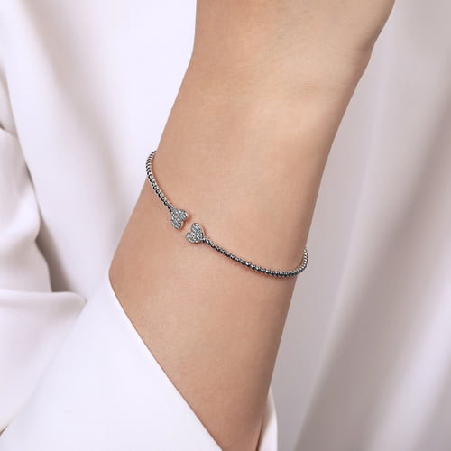 White Gold Bujukan Split Cuff Bracelet with Pave Diamond Hearts