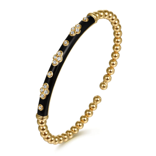 Gold Bujukan Beads and Diamond Split Bangle Bracelet with Black Enamel