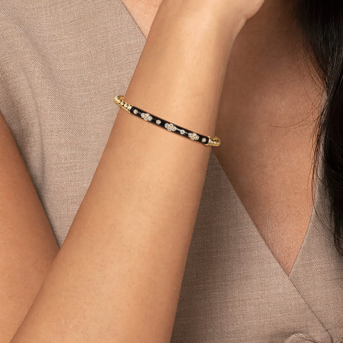 Gold Bujukan Beads and Diamond Split Bangle Bracelet with Black Enamel