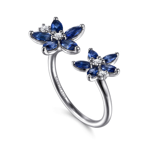 White Gold Diamond and Marquise Sapphire Flower Open Ring
