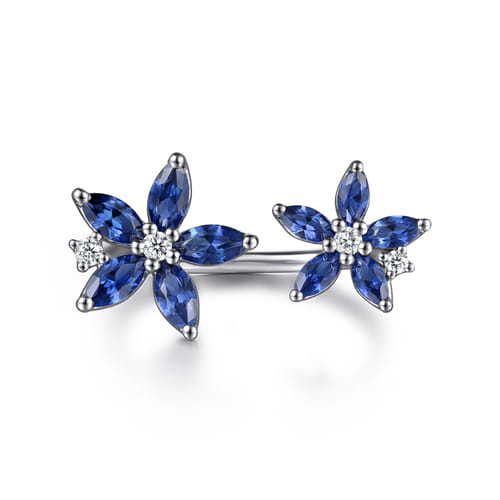 White Gold Diamond and Marquise Sapphire Flower Open Ring