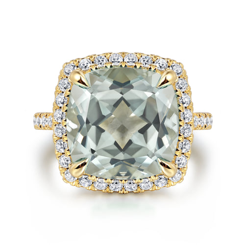 Green Amethyst Cushion Cut Ladies Ring with Flower Pattern Gallery