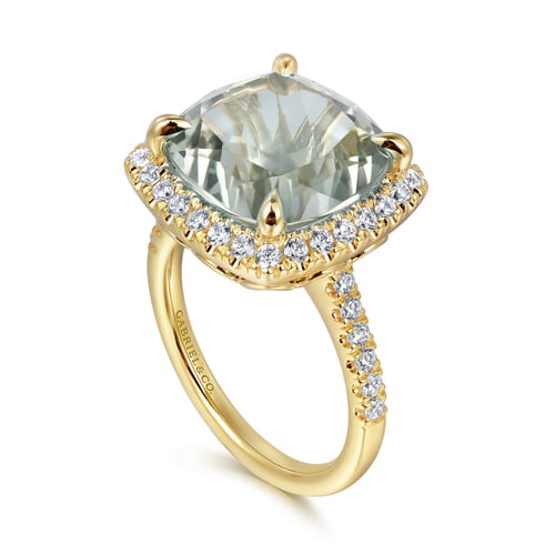 Green Amethyst Cushion Cut Ladies Ring with Flower Pattern Gallery
