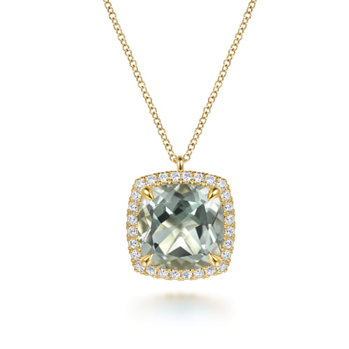 Diamond & Green Amethyst Cushion Cut Necklace with Flower Pattern J-Back