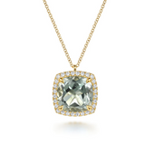 Diamond & Green Amethyst Cushion Cut Necklace with Flower Pattern J-Back
