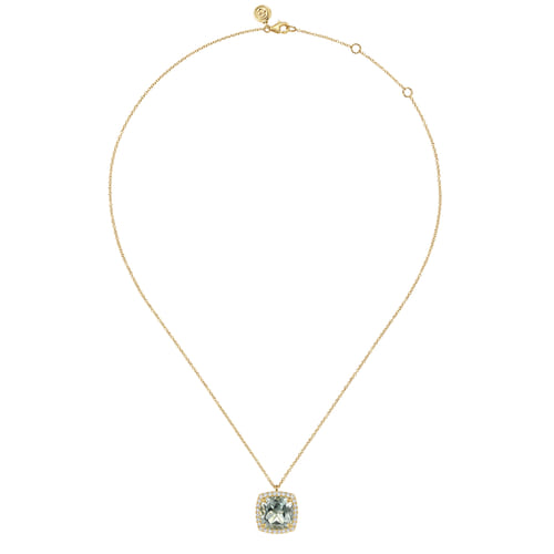 Diamond & Green Amethyst Cushion Cut Necklace with Flower Pattern J-Back