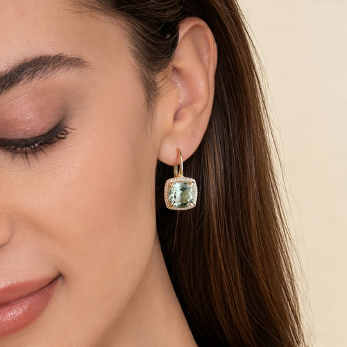 Diamond and Green Amethyst Cushion Cut Earrings with Flower Pattern J-Back