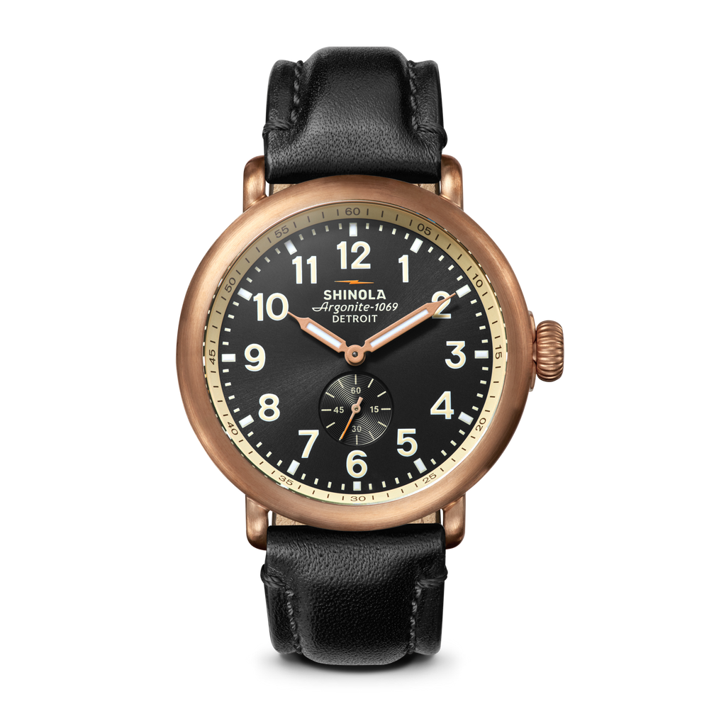 Runwell 43mm Bronze Black Leather Strap