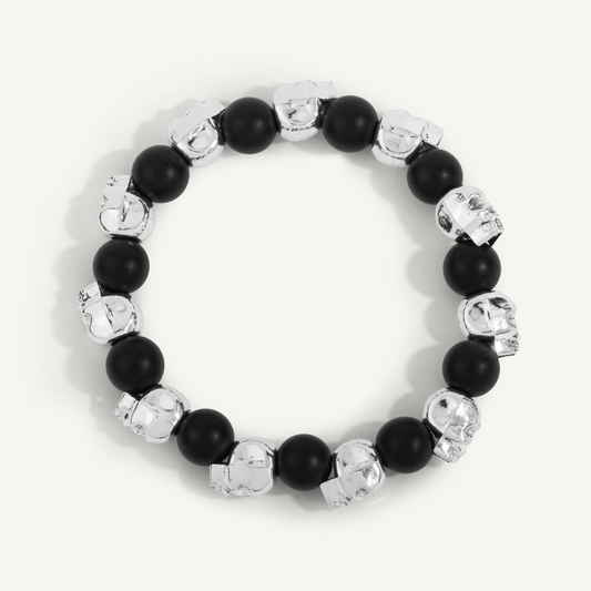 Matte Black Agate & White Tone Skull Beaded Bracelet