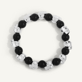 Matte Black Agate & White Tone Skull Beaded Bracelet