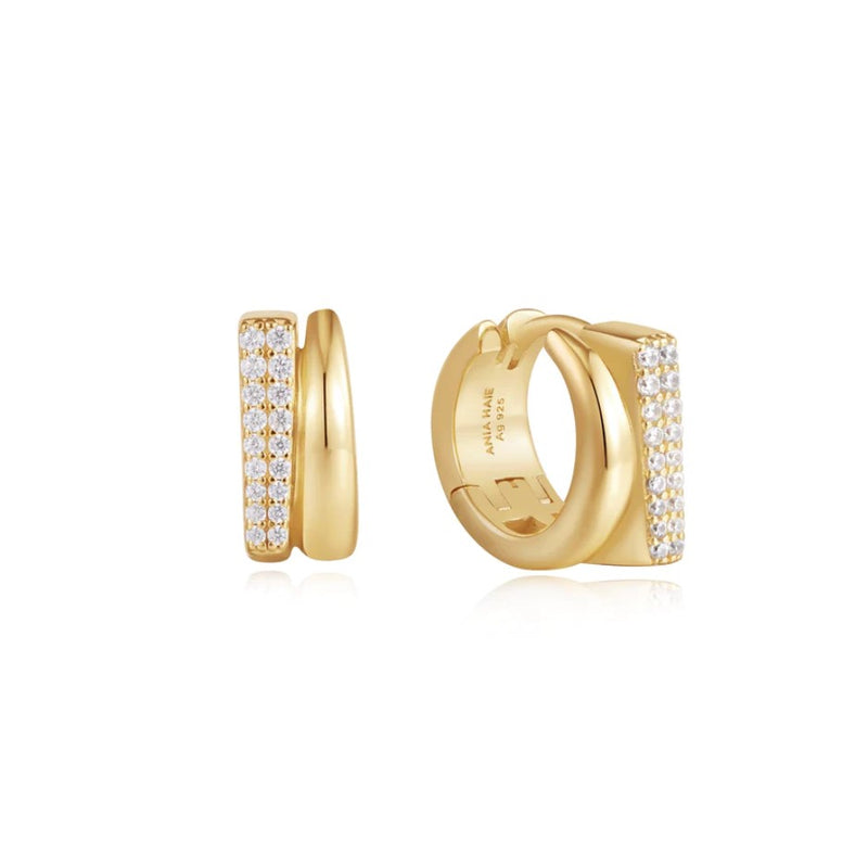 Sterling Silver - Gold Plated Pave Double Huggie Hoop Earrings