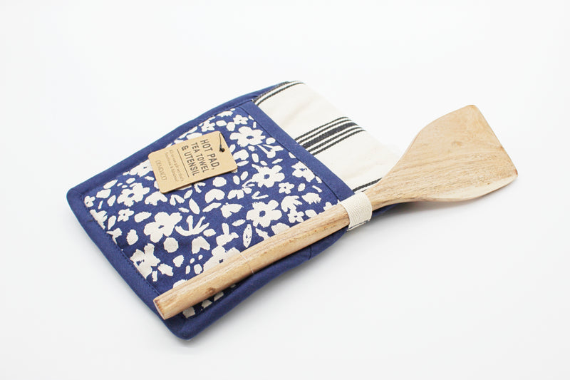 Navy Floral Hot Pad With Towel & Spatula