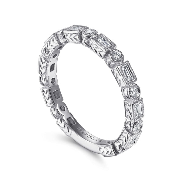 14K White Gold Baguette And Round Diamond Band