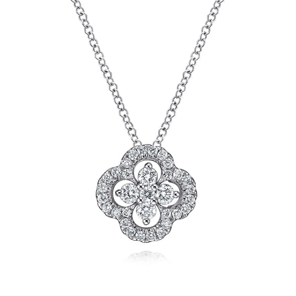 14K White Gold Diamond Open Clover Pendant Necklace