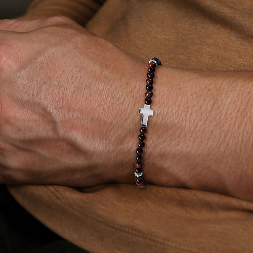 Cross Bracelet with Tiger Eye Beads