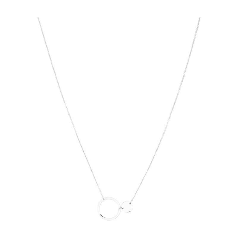 14K White Gold  Cable With Solid & Open Disk Station Necklace