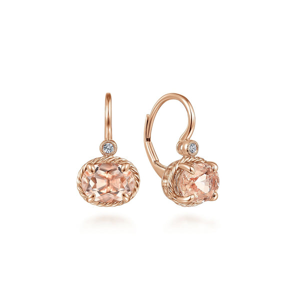 14K Rose Gold Oval Morganite And Diamond Drop Earrings