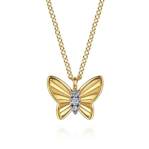 14K Diamond Cut Diamond Butterfly Pendant Necklace