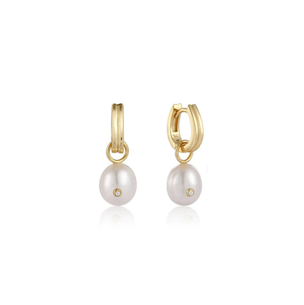 Sterling Silver - Gold Plated Pearl Drop Sparkle Huggie Hoops - Ania Haie