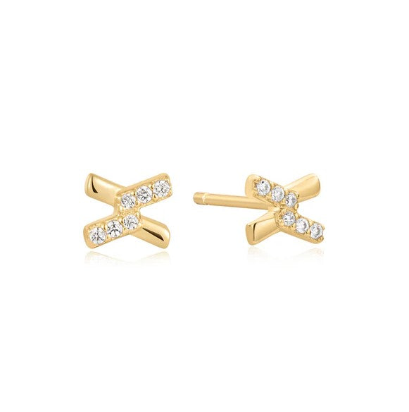 Gold Tone Cross Cubic Zirc Stud Earrings