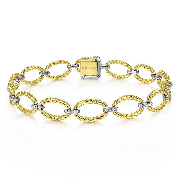 14K Yellow-White Gold Twisted Rope Oval Link Bracelet with Diamond Connectors