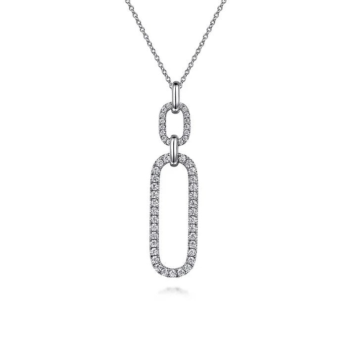 14K White Gold Diamond Link Chain Drop Pendant Necklace