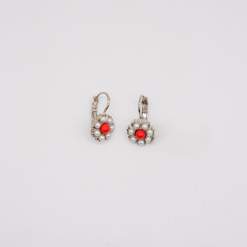 Mariana Silver Tone Red & White Small Flower Dangle Earrings