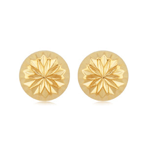 14K Gold Round Fancy Cut Button Earrings