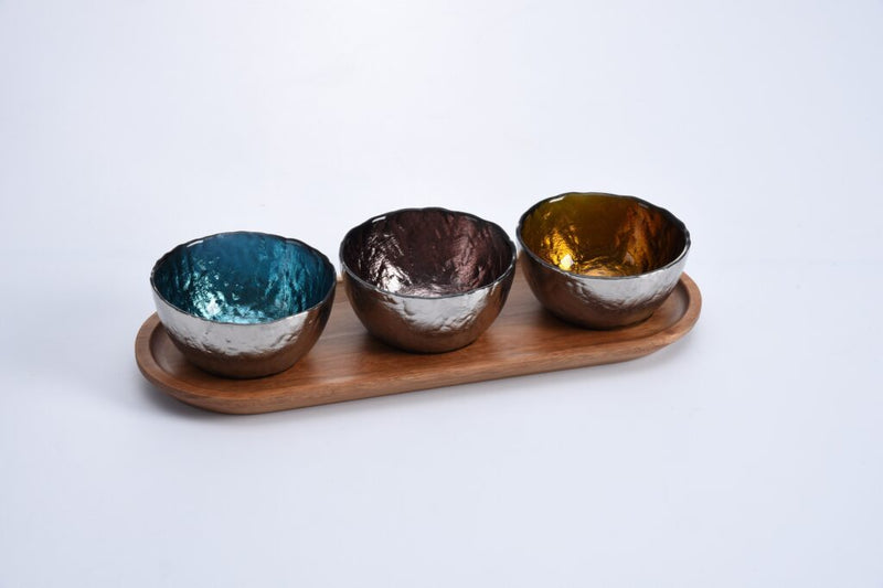 3 Colored Glass Bowls & Tray