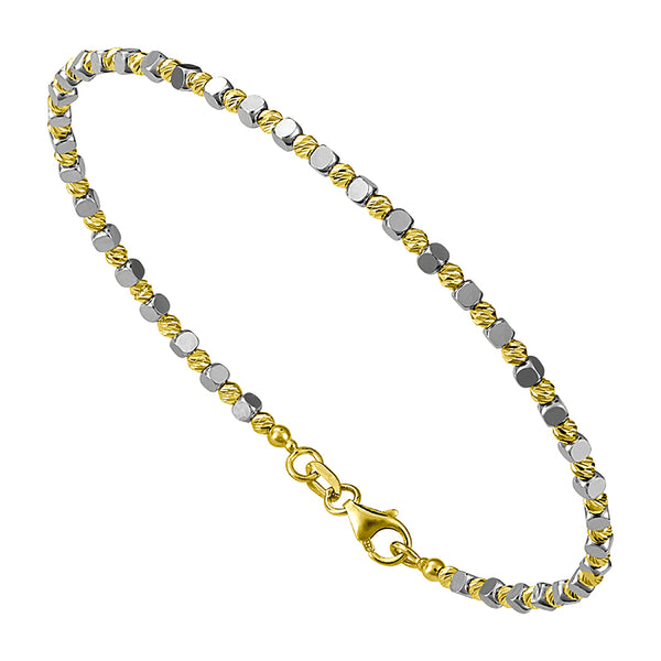 14K Yellow Gold and White Gold Diamond Cut and Square Bead Bracelet