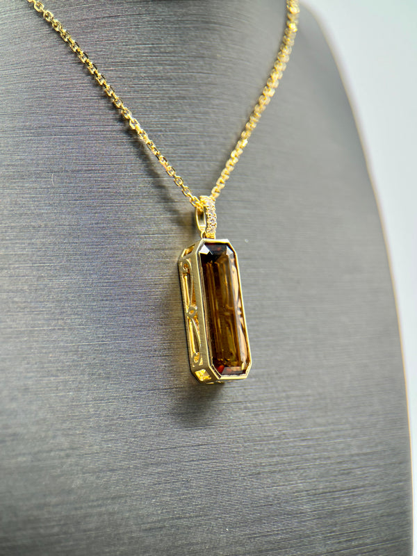 18K Elongated Golden Brown Tourmaline Bezel Pendant Necklace With Diamond Bail