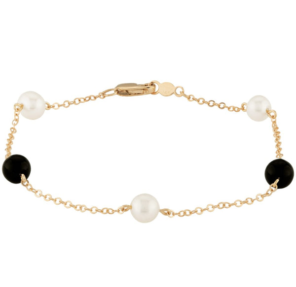 14K Gold Chain - Onyx and Pearl Beaded Bracelet