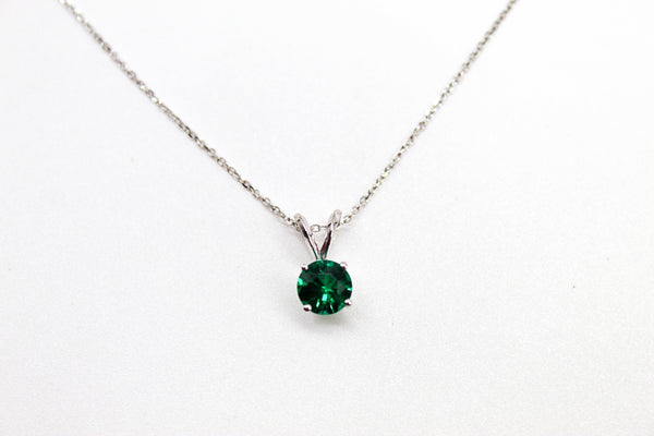 14K White Gold Created Emerald Pendant Necklace