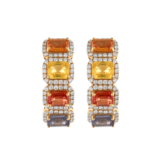 14k Multicolored Sapphire Diamond Halo Huggie Hoops