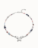 UNOde50 Silver Small Beaded Necklace with Blue & Pink Stones