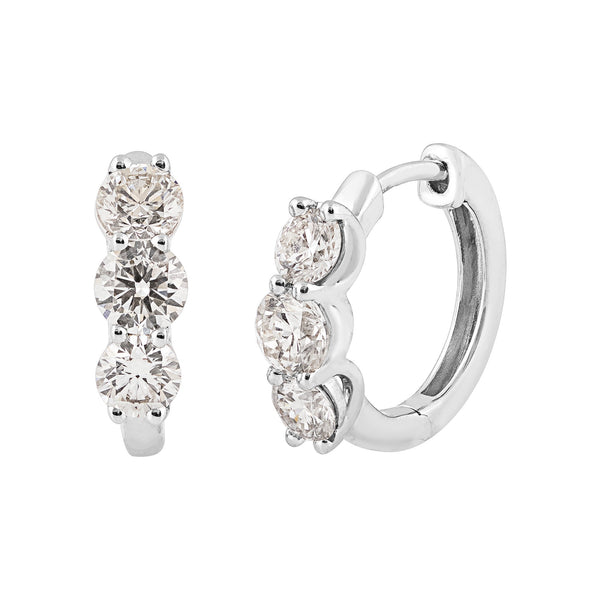 14K Three Stone Diamond Huggie Earrings - 1.50 ctw