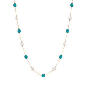 14K Gold Chain - Freshwater Pearl and Turquoise Beaded Necklace
