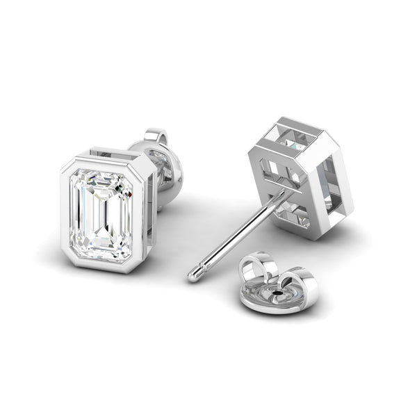 14K White Gold Lab Grown Emerald Cut Diamond Bezel Studs