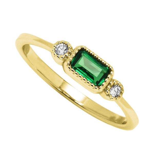 10K Yellow Gold Lab Grown Emerald & Diamond Birthstone Ring - 0.04 ctw - Size 7