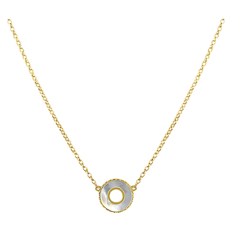 14K Yellow Gold Cable Link with Open Circle Mother of Pearl Pendant Necklace