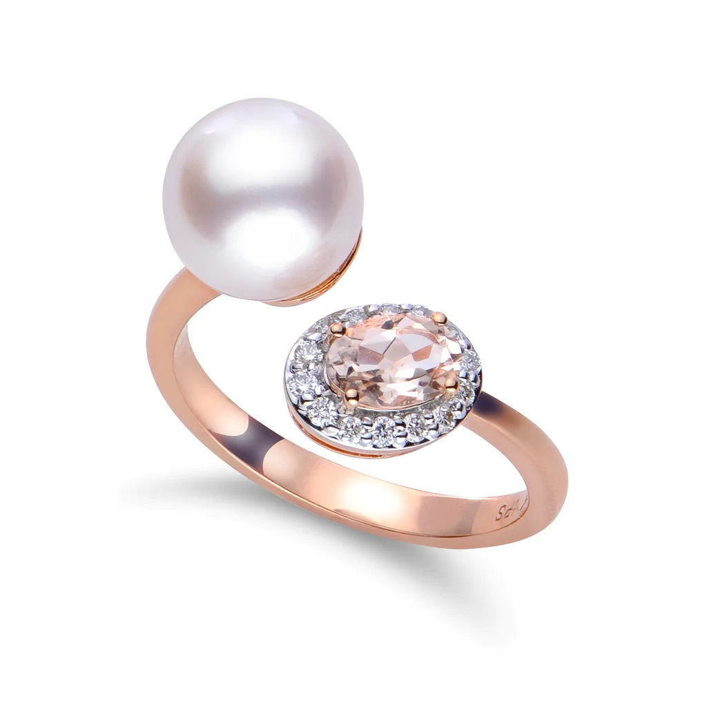 Akoya Pearl, Morganite & Diamond Ring
