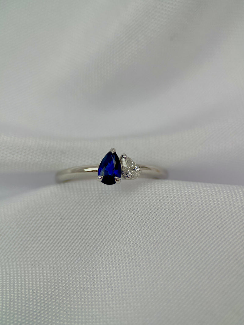 14K White Gold Sapphire With Diamond Pear Shape 2 Stone Ring